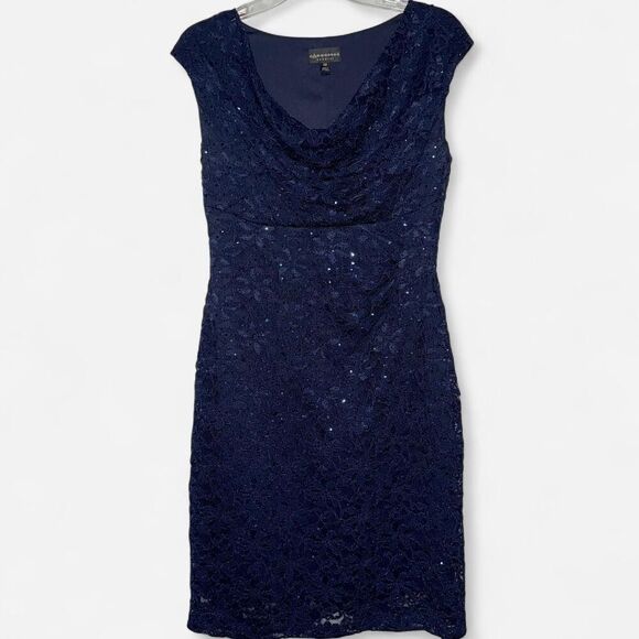 Navy Lace and Sequin Sheath Dress with Cowl Neckline - Picture 4 of 8